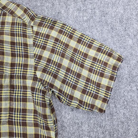 Banana Republic Shirt Mens Large Brown Yellow Plaid Linen Short Sleeve Button Up - Picture 13 of 14